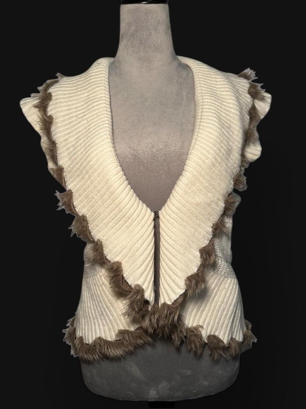 Cache Vintage Y2K Faux Fur Trimmed Knit Vest Womens XL Off White Cream